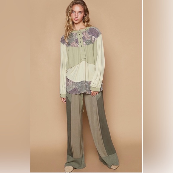 POL Pistachio and Cream Patchwork Balloon Sleeve Knit Top - Picture 2 of 6